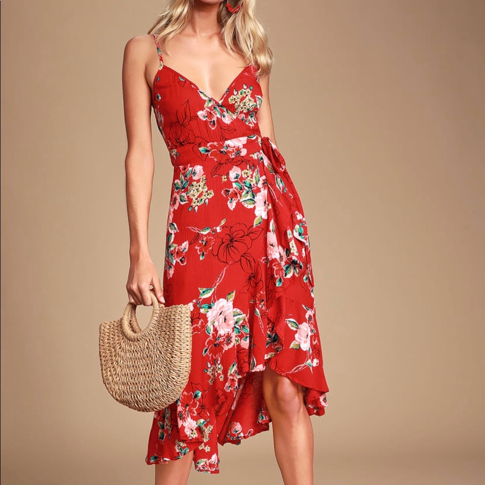 Lulus red floral midi dress
